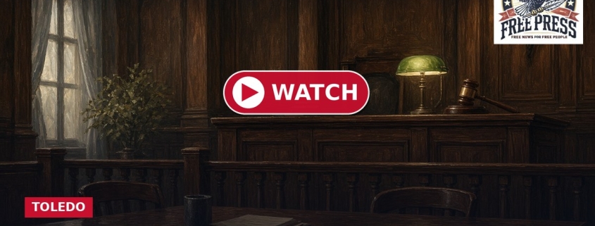 Fostoria News Courtroom scene with wooden panels and a 'Watch' button overlay.
